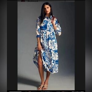 Anthropologie Bettina Blue and White Floral Long Sleeve Dress M